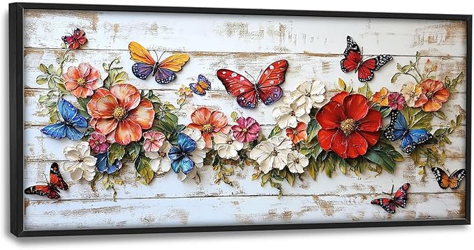Olivine Flower Large Wall Art, Butterfly Pictures Wall Decor, Boho Painting, Rustic Wood Grain Canvas Prints, Framed Artwork for Dining Room Living Room Bedroom Bathroom Office Home Decor 60"x30"