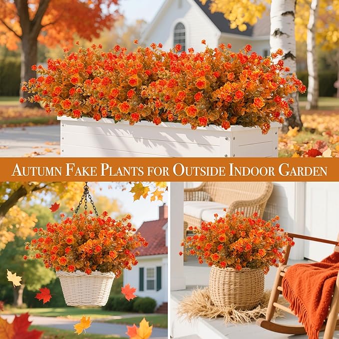 20 Bundles Artificial Fall Flowers for Outdoors Fall Decorations-UV Resistant Fake Mums Faux Plant Plastic Flowers Gardens Porch Fireplace Home Autumn Thanksgiving Decor(Brown Eucalyptus Flower)