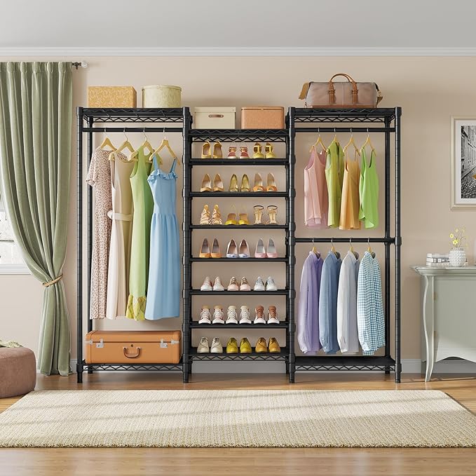 VIPEK S3 Heavy Duty Garment Rack Freestanding Clothes Rack Closet Storage Organizer Large Wardrobe with 6-Tier Shoe Rack, Hanging Rod, Adjustable Shelf, 68.9" L x 15.7" W x 76.4" H, Black