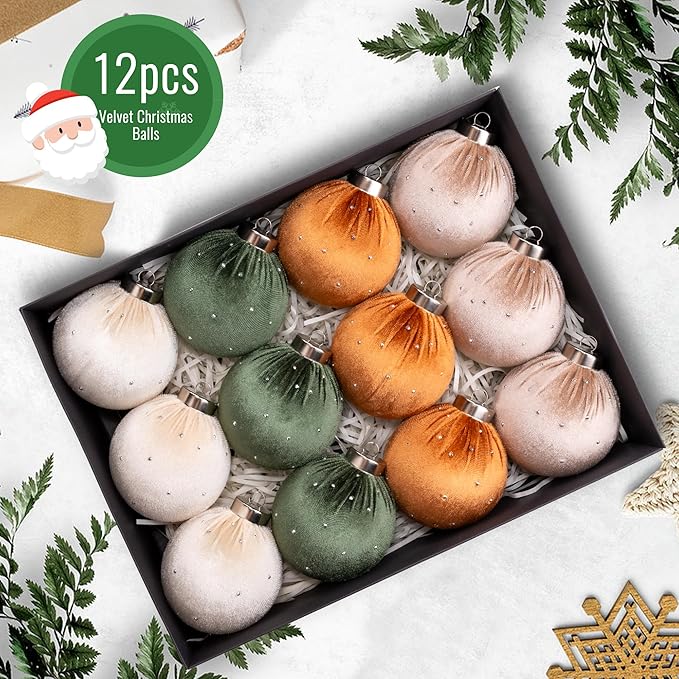 Christmas Tree Ornaments Set Velvet Balls, 12pcs Shatterproof Christmas Bulbs Ornaments for Xmas Tree Decorative Hanging, Vintage Flocked Decoration, 78mm, 3.1in, Multicolor Green Brown Neutral