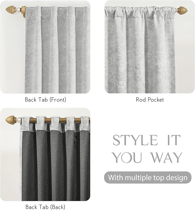 Beauoop Grey Floral Jacquard Blackout Curtains 96 Inches Long 2 Panels for Bedroom Living Room Chenille Flower Room Darkening Thermal Insulated Soundproof Rod Pocket Back Tab Window Drapes, 52x96