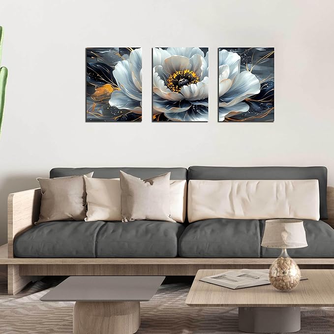 Flower Pictures Wall Art for Living Room - Modern Office Artwork Wall Decor - Black and White Canvas Wall Art for Bedroom Size 12" x 16" x 3 Pieces