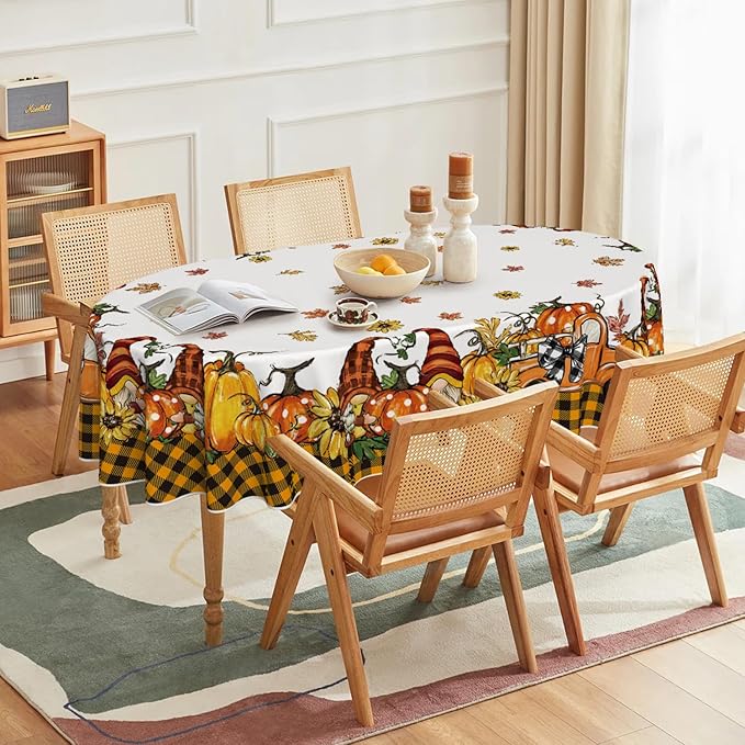 Horaldaily Fall Tablecloth 60×84 Inch Oval, Thanksgiving Autumn Harvest Orange Truck Gnome Pumpkin Buffalo Plaid Table Cover for Party Picnic Dinner Decor