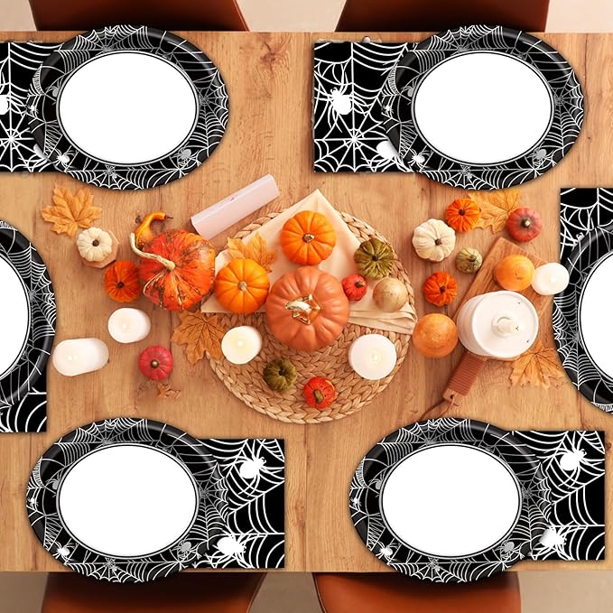 Halloween Party Oval Paper Plates 11inch Large Spider Web Paper Plate and Napkin, Dish Tray Halloween Party Decoration Supplies for Birthday Get Together Celebration Tableware, 25 Guest
