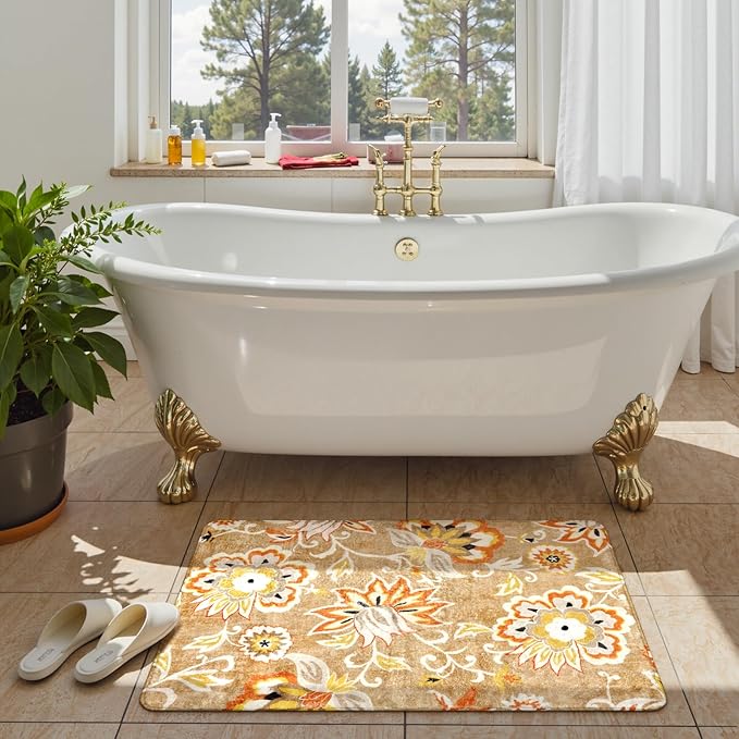 Lahome Floral Washable 2x3 Area Rug, Non-Slip Small Door Rugs for Entryway Indoor, Non-Shedding Tan Paisley Print Doormat Capet for Kitchen Bathroom Laundry Room Sink