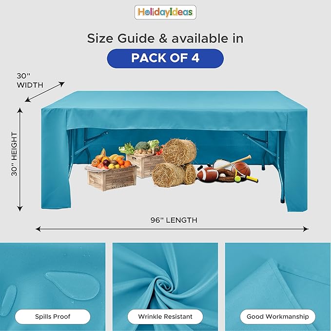 HolidayIdeas Open Back Fitted Tableclothss for 8 Foot Rectangle Table, Wrinkle Resistant Washable Table Covers 96x30 Inch for Craft Fairs, Banquets, Trade Show Display, Teal,4 Pcs