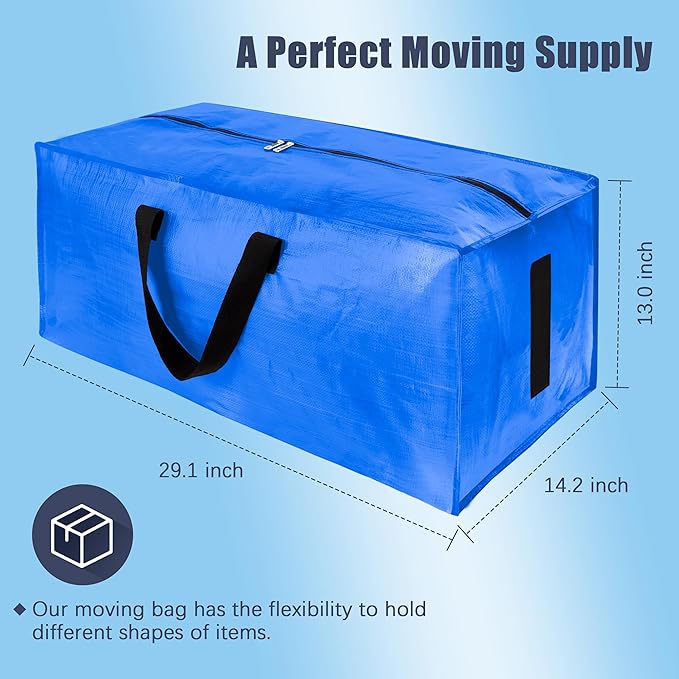 12 Pack Large Strong Moving Bags with Zippers & Carrying Handles - Water-Resistant - Heavy Duty Storage Tote for Space Saving, Fold Flat, Alternative to Moving Box (Sky Blue)