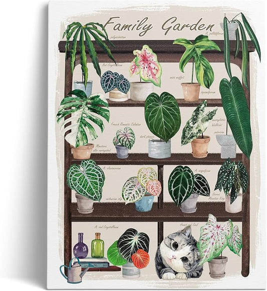 TimAsh Framed Funny Cat Botanical Wall Art Family Garden Modern Green Plant Decor Tropical Boho Style Cute Kitten Canvas Prints for Bedroom Bathroom Living Room 16'' x 12''