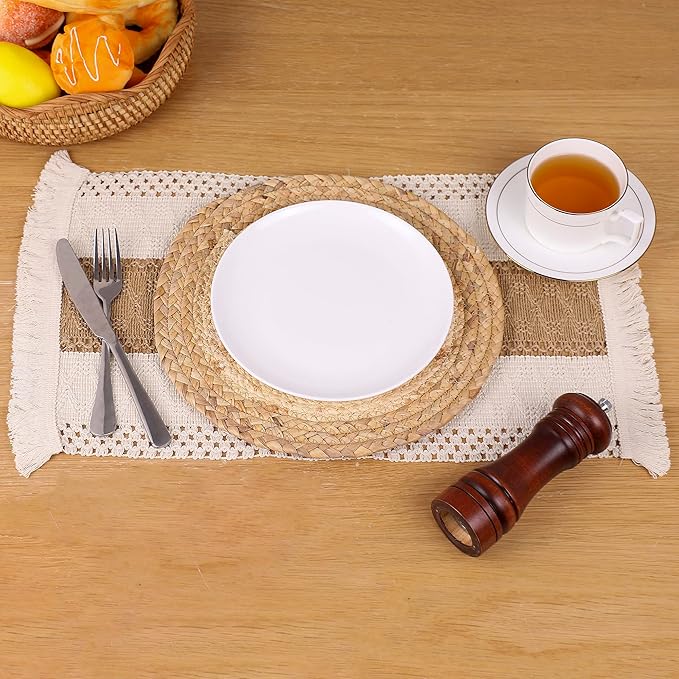 Handmade Boho Placemats Set of 4 - Natural Cotton Burlap and Water Straw Woven Combination Table Mats, Macrame Décor and Farmhouse Style Placemats, for Dining Table Kitchen