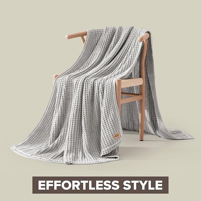 UGG Luna Knit Throw Cotton Chunky Soft Throw Blanket for Couch or Bed Cozy Washable Giftable Lightweight Blanket for Living Room or College Dorm, 50-inch x 70-inch, Stone Grey