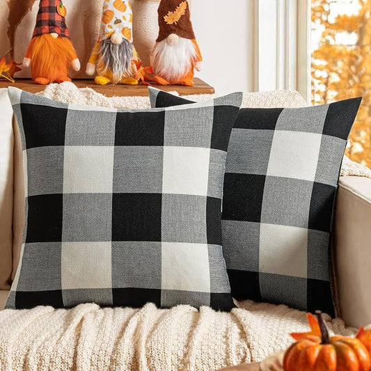 MIULEE Pack of 2 Halloween Classic Farmhouse Buffalo Check Plaids Linen Soft Solid Decorative Square Throw Pillow Covers Black and White Home Decor Outdoor Cushion Case for Sofa Bedroom 20 x 20 Inch