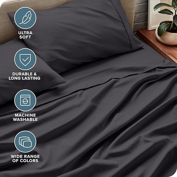 Bare Home Split Head Flex King Sheet Set - 1800 Ultra-Soft Microfiber Bed Sheets - Double Brushed - Deep Pockets - Easy Fit 4 Piece Set - FlexTop King Bedding (Split Head Flex King, Forged Iron Grey)