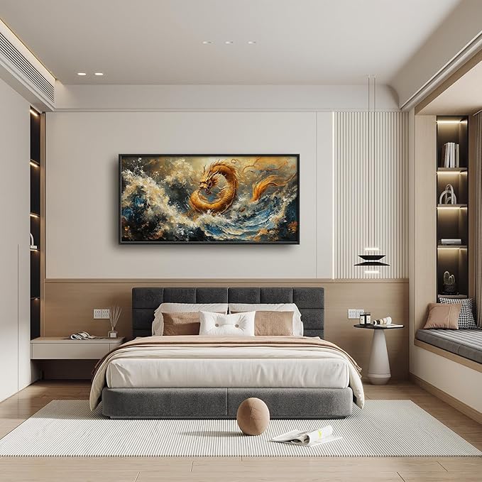 Flintis Large Golden Dragon Framed Wall Art Japanese Waves Pictures Wall Decor Abstract Asian Wild Animal Canvas Painting Print Artworks Framed for Living Room Bathroom Master Bedroom 60L X 30W
