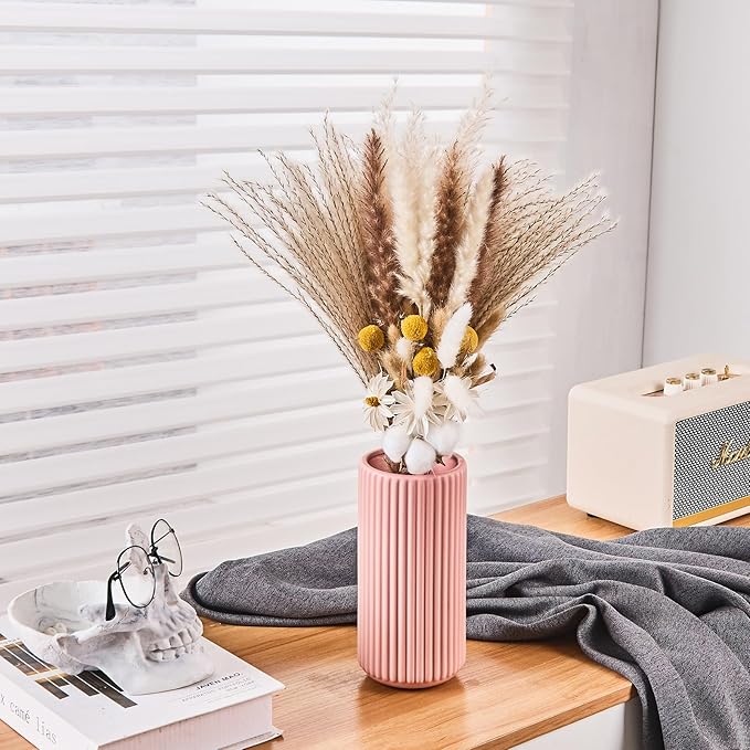 Pink Ceramic Flower Vase for Pampas Grass, 10 inch Large Decorative Centerpiece Ribbed Vase for Dining Table, Office Desktop, Shelf Bookshelf, Mantel, Entryway, Bathroom, Countertop, Farmhouse, Gift