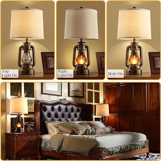 RORIANO Farmhouse Lantern Table Lamps for Living Room Set of 2, Vintage Bedroom Resin Lamp with Dual USB Charging Ports, Rustic Retro Bedside Nightstand Desk Lamp, 4 Bulb Included