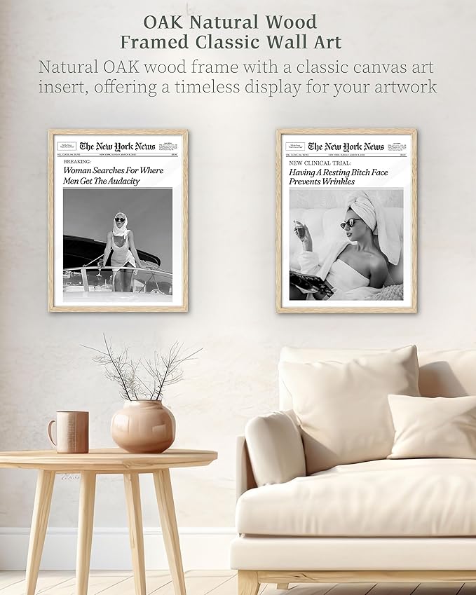 iHery Woman Searches For Where Men Get The Audacity Newspaper Headline Framed Wall Art, Natural OAK Wood Trendy 12x16 in Canvas Wall Art Décor For Bedroom Living Room Bathroom Set of 1