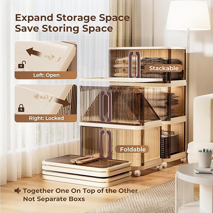 217Qt Plastic Storage Bins with Lid, Stackable Storage Bins with Wheels & Sliding Door, Collapsible Storage Box for Closet Organizers and Storage Box for Home and Office, Coffee, 4 Pack