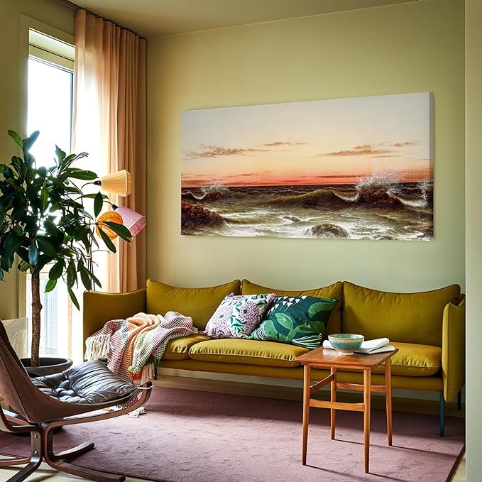 crmotu Large Wall Art for Living Room, Ocean Sunset Vintage Decor Painting, Coastal Landscape Canvas Art Prints, Retro Nautical Scenic Artwork, Beach Wave Pictures Wall Decor Bedroom Office 30"X60"