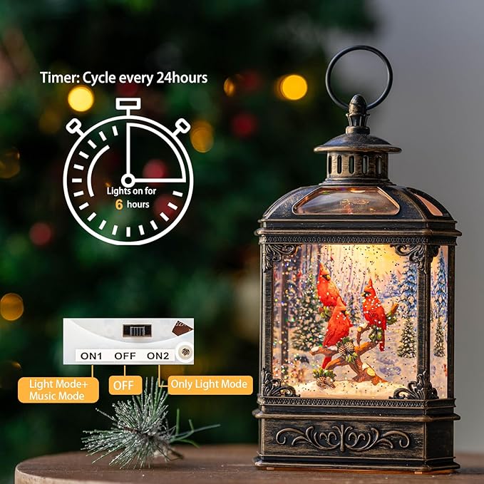 Christmas Snow Globe Water Glittering Cardinal with Music, USB Lined/Battery Operated Lighted Lantern for Christmas Festival Decoration Gifts