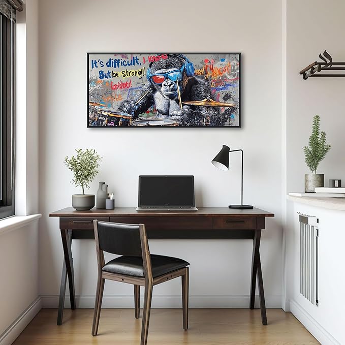 QZQCBLC Large Canvas Wall Art - Abstract Graffiti Gorilla Wearing Glasses Playing Drums Street Art Paintings Artwork Pictures for Living room Bedroom Bar Men's Teenager Game Room Decor 20X40