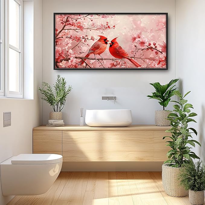 Flintis Large Cardinals Wall Art Red Cardinals Pictures Wall Decor Abstract Animal Canvas Painting Print Artwork Decoration Framed for Living Room Bathroom Master Bedroom Office Dining 60L x 30W