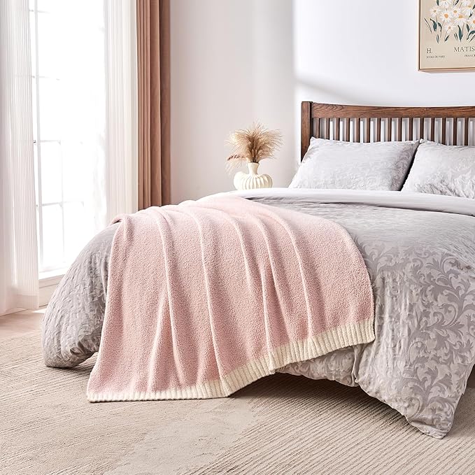 CozeCube Melange Blanket, Ultra Soft Pink and White Throw Blanket, Warm Cozy Knit Fuzzy Plush Reversible Throw for Couch Bed Sofa, 50"x60"