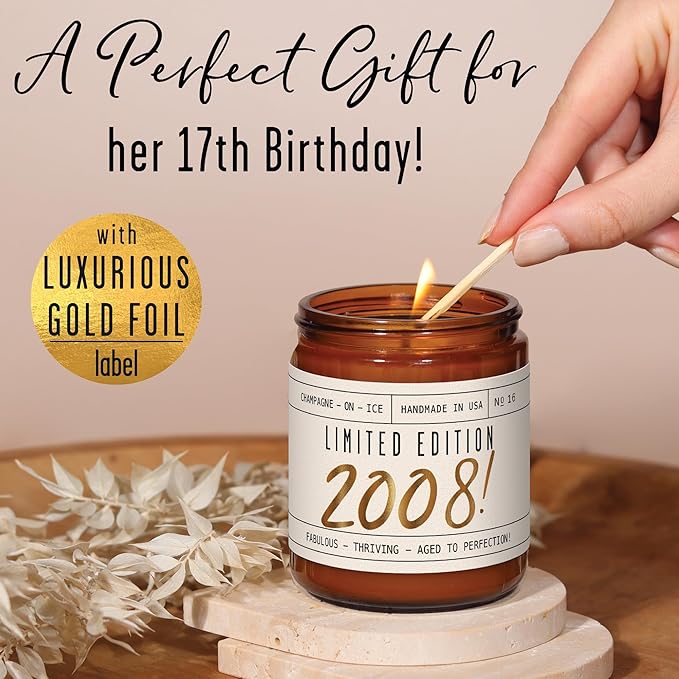 17th Birthday Gifts for Girls - 'Limited Edition 2008' Soy Candle, w/Champagne on Ice I 17 Birthday Gifts for Women I 17th Gift for Her Ideas I 9oz Reusable Jar, 50Hr Burn, Made in USA