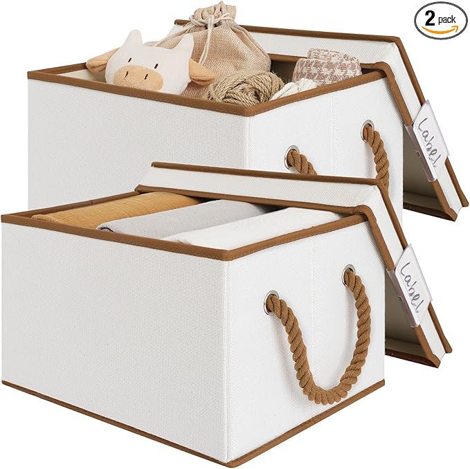 LoforHoney Home Fabric Storage Bins with Lids for Organizing, Foldable Closet Storage Boxes for Shelves, Clothes Baskets with Cotton Rope Handles, Large, Beige & Brown, 2-Pack