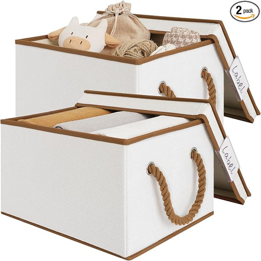 LoforHoney Home Fabric Storage Bins with Lids for Organizing, Foldable Closet Storage Boxes for Shelves, Clothes Baskets with Cotton Rope Handles, Large, Beige & Brown, 2-Pack