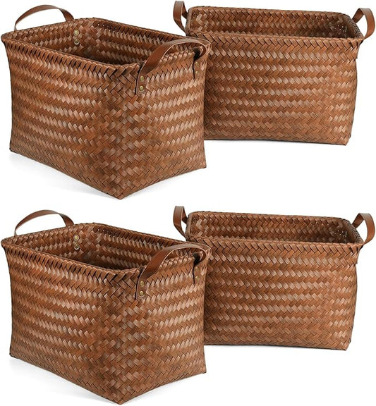 15L Laundry Baskets Waterproof Storage Baskets For Shelves Large Laundry Hamper With Leather Handle -set of 4 Cube Organizers Woven Bins for Bathroom,Bedroom,Pantry,Clothes,Car & Towels-Brown