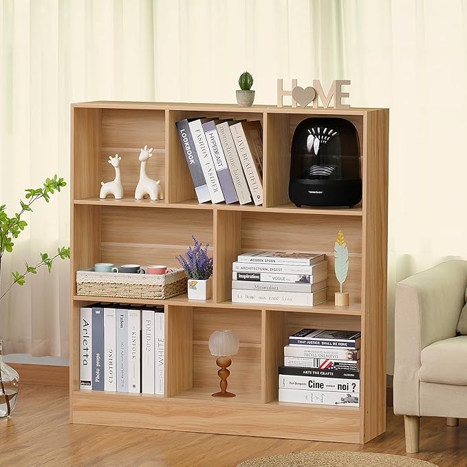 LEYAOYAO 8 Cube Bookshelf with Base,3 Tier Mid-Century Modern Natural Bookcase,Standing Wide Bookshelves Storage Organizer Shelf,Rustic Wood Display Cabinet Book Shelves for Bedroom,Living Room,Office