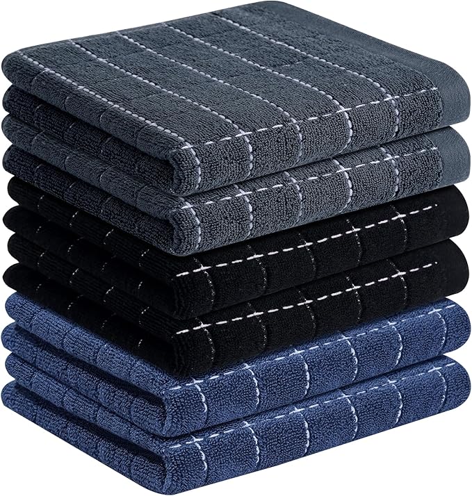 Homaxy 100% Cotton Terry Kitchen Towels(Navy+Grey+Black, 13 x 28 inches), Checkered Designed, Soft and Super Absorbent Dish Towels, 6 Pack