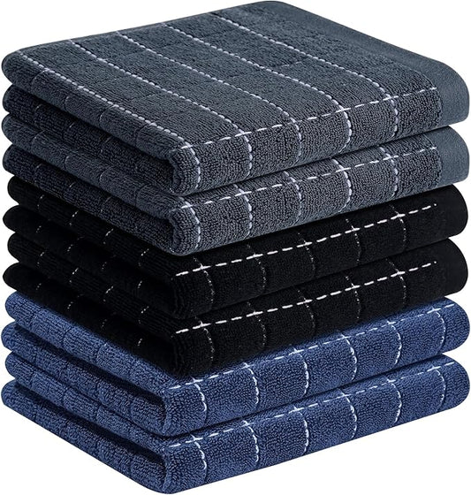 Homaxy 100% Cotton Terry Kitchen Towels(Navy+Grey+Black, 13 x 28 inches), Checkered Designed, Soft and Super Absorbent Dish Towels, 6 Pack
