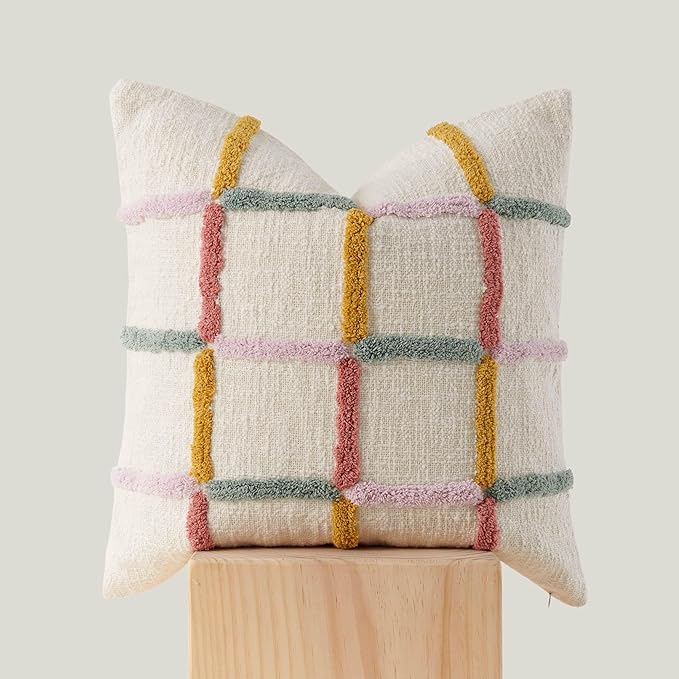 Double Stitch Checkered Throw Pillow Covers - 100% Cotton Tufted Boho Decorative Pillow Covers 20x20, Made in India, Square Plaid Cushion Case, Modern Home Decor for Couch, Sofa, Living Room, Multi