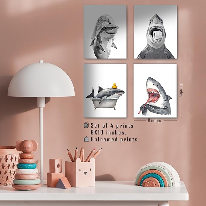 FITIE Funny Shark Bathroom Wall Art Posters Set of 4, Ocean Shark Bathroom Decor, Coastal Beach Humorous Sea Animal Sharks Canvas Prints Artwork Wall Decor for Bath Wash Room, 8x10 Unframed