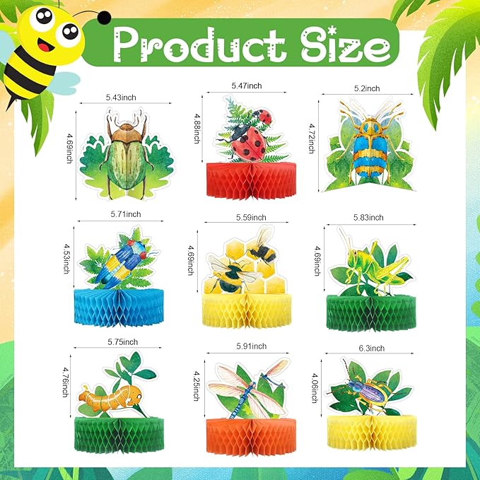 9 Pcs Summer Bugs Party Decorations Bug Themed Honeycomb Centerpiece Insect Table Toppers for Baby Shower, Birthday Supplies