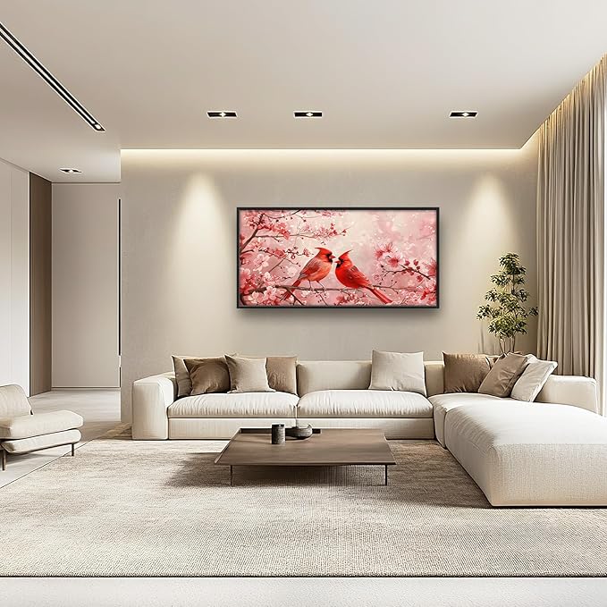 Flintis Large Cardinals Wall Art Red Cardinals Pictures Wall Decor Abstract Animal Canvas Painting Print Artwork Decoration Framed for Living Room Bathroom Master Bedroom Office Dining 60L x 30W