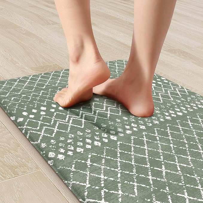 KIMODE Anti Fatigue Kitchen Mats for Floor, Boho Kitchen Rugs Sets of 2, Cushioned Kitchen Floor Mats, Comfort Standing Mat for Sink Laundry Office Desk Green 17"x59"+17"x29"