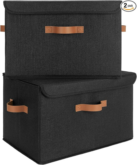 GRANNY SAYS Black Storage Bins with Lids, Decorative Storage Boxes with PU Handles, Linen Closet Organizer, Storage Baskets for Shelves, Fabric Storage Bins for Clothes, Extra Large