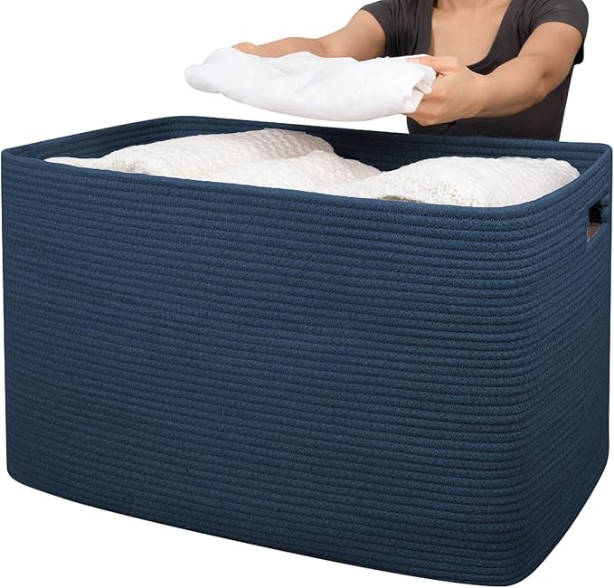 OIAHOMY 118L XXXLarge Cotton Rope Storage Basket, Oversized Blanket Basket, Used for Organizing Dirty Clothes in Living Room, Bedroom, Nursery, Dog Toy Storage Bins, 25" x 17" x 16",Blue