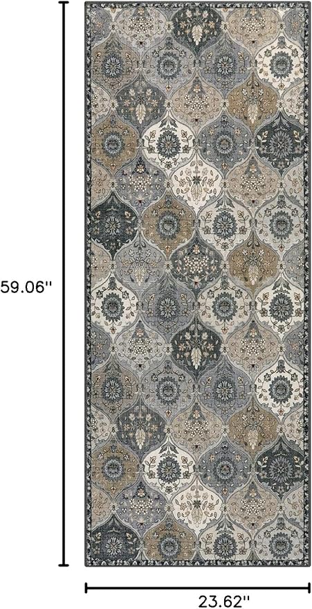 Lahome Moroccan Trellis Kitchen Runner Rug, 2x5 Washable Runners for Hallways Non Slip Soft Hallways Rug Ultra-Thin Vintage Long Carpet for Bedroom Bathroom, Grey