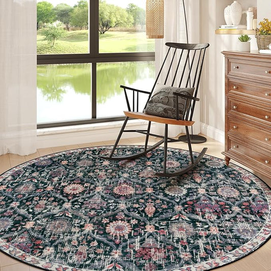 Lahome Moroccan Trellis Washable Round Area Rug, Round Rug 5ft Soft Non-Slip, Non-Shedding Distressed Circle Carpet for Bedroom Living Room Bathroom Nursery Kitchen, Black/Multi