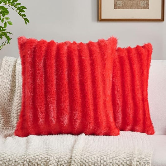 FUTEI Red Decorative Throw Pillow Covers 20x20 Inch Set of 2,Soft Fluffy Faux Mink Fur Dyeing Striped Textured Cushion Case,Modern Home Decor for Couch Bed Living Room