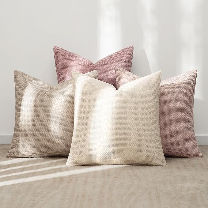 MIULEE Pack of 4 Couch Throw Pillow Covers 16x16 Inch Neutral Pink Cute Decorative Chenille Pillow Covers Farmhouse Boho Accent Cushion Covers for Coquette Room Decor Spring Sofa Bedroom Living Room