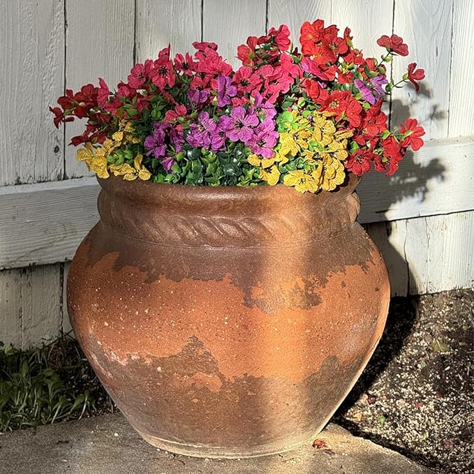 Artificial Flowers for Outdoor Indoor Garden Home Decoration, Faux Flower Daisy with Eucalyptus Leaves Fake Plants Greenery Boxwood Porch Patio, 12 Bundles (Mix Red Purple Yellow Fuchsia)