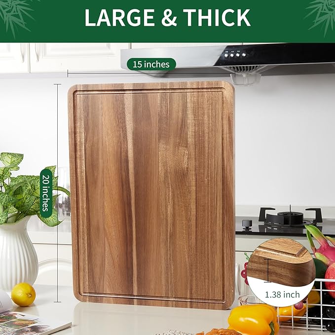 Garvee Acacia Wood Cutting Board for Kitchen, 20"x15"x1.38" Large Wooden Chopping Board, Reversible Wooden Butcher Block with Deep Juice Groove and Side Handle for Meat, Vegetables, Cheese, Fruit