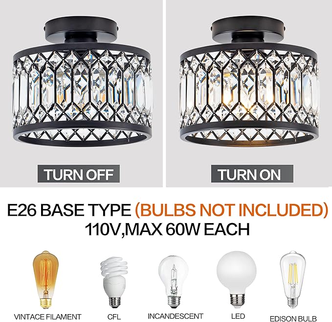 Crystal Ceiling Light Fixture, Modern Semi Flush Mount Ceiling Light,Crystal Chandelier for Kitchen Bedroom Bathroom Entryway Black (Bulb not Included)