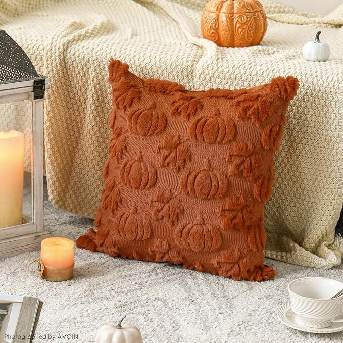 AVOIN colorlife Fall Pumpkin Maple Leaves Caramel Throw Pillow Covers, 18 x 18 Inch Seasonal Autumn Thanksgiving Harvest Soft Plush Faux Fur Jacquard Cushion Case Decoration for Sofa Set of 2