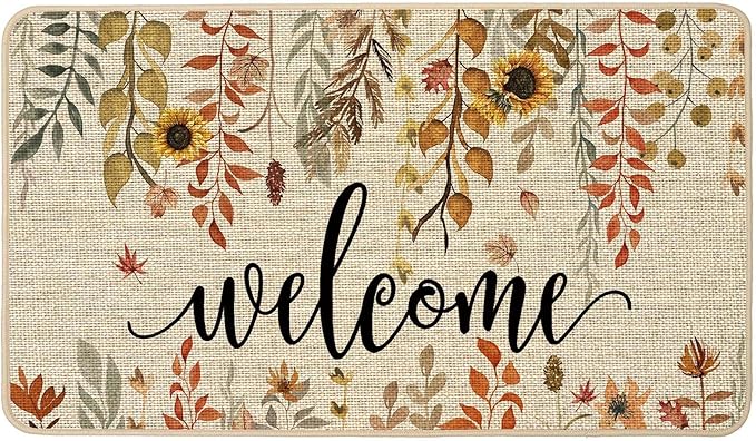ORTIGIA Welcome Fall Doormat Eucalyptus Leaves Sunflowers Door Mats Indoor Outdoor Patio Non-Slip Entrance Floor Mat for Home, Outside, Yard, Patio 17x29 Inch