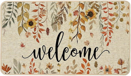 ORTIGIA Welcome Fall Doormat Eucalyptus Leaves Sunflowers Door Mats Indoor Outdoor Patio Non-Slip Entrance Floor Mat for Home, Outside, Yard, Patio 17x29 Inch